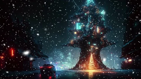 Snowfall in the city of the future. A looped snowfall. Video stock 235545459