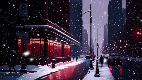 Snowfall in the city of the future. A looped snowfall. Red. Loop. Stock Footage 235545752