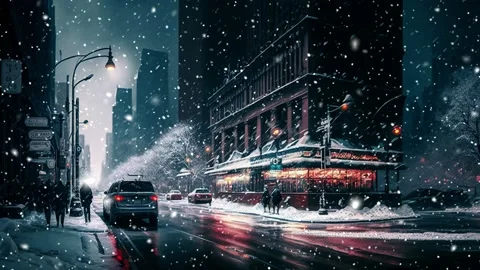 Snowfall in the city of the future. A looped snowfall. Street. Loop. Stock Footage 235545756