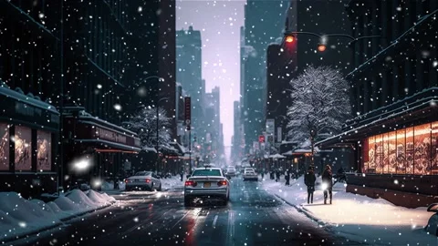 Snowfall in the city of the future. A looped snowfall. Road. Loop. Stock-Footage 235545757
