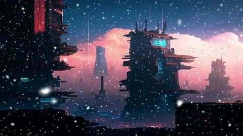Snowfall in the city of the future. A looped snowfall. Stock Footage 235940769