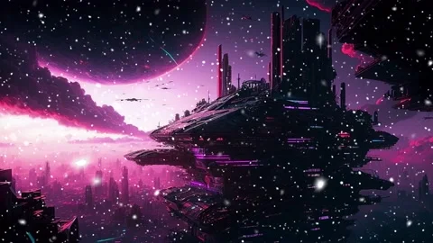 Snowfall in the city of the future. A looped snowfall. Video stock 235940779
