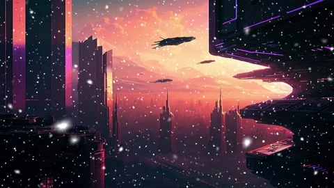Snowfall in the city of the future. A looped snowfall. Stock Footage 235940966