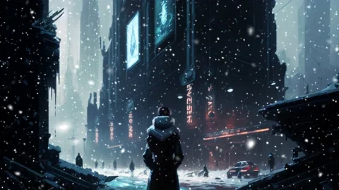 Snowfall in the city of the future. A looped snowfall. Video stock 235941000