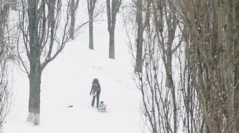 Snowfall In The City, Mother Pulling Her Child On A Sled HD Stock Footage 45107547