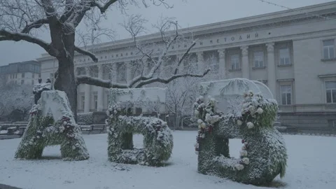 Snowfall in a city park and the Sofia City Library building 動画素材 328319571