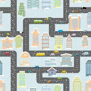 Snowfall in city seamless pattern. Urban map of winter. Background with roads Illustrazione stock