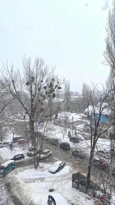 Snowfall in the city. View from the apartment window on snow-covered street, car Stock Footage 288401451
