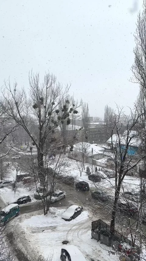 Snowfall in the city. View from the window of a snow-covered street Stock Footage 252850871