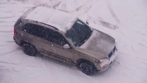 Snowfall danger blizzard bad winter weather conditions. Car. Stock Footage 235918608