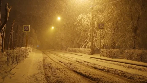 Snowfall on empty road at night in the city, Pedestrian crossing sign Stock Footage 75935056