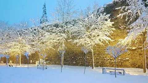 Snowfall in the evening , castle wall , trees... Stock Footage 134659170