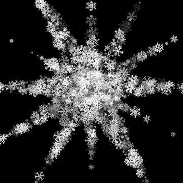 Snowfall with exploded snowflakes in the dark Stockillustratie