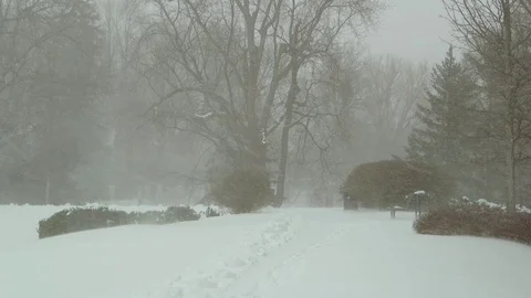 Snowfall, Heavy Winter Snow, man walks Stock Footage 70737730