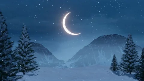 Snowfall landscape, crescent moon and pines Stock Footage 219212560