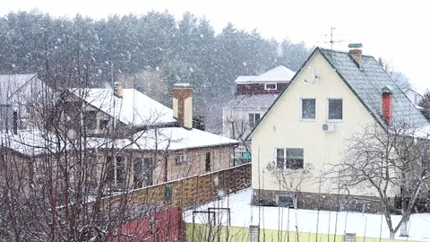 Snowfall, large snowflakes fall on the background of the forest in the village Stock Footage 170846909
