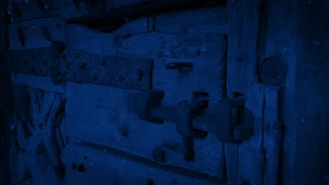Snowfall On Locked Medieval Door At Night Stock Footage 281898891