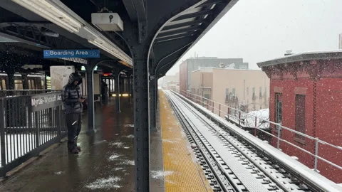 Snowfall at Myrtle Wyckoff Subway Platform. Winter on New York Subway Stock Footage 324588158