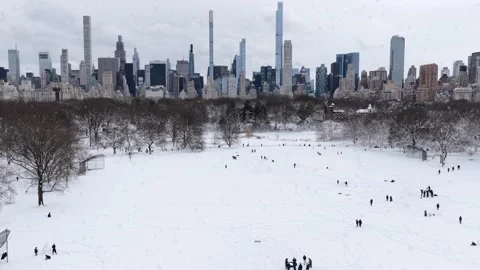 Snowfall in New York City during Christmas season. Aerial wide shot. Group of Stock Footage 332139504