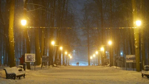 Snowfall at night on the lighted lanterns park alley Stock Footage
