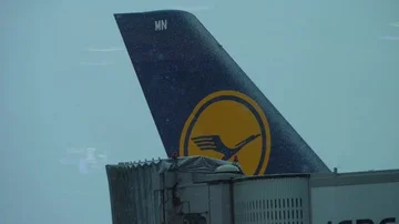 Snowfall over Airplane Tail, Close Up, Slow Motion, Lufthansa Flight Stock Footage 85912414