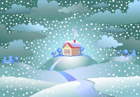 Snowfall over the small house Stock Illustration