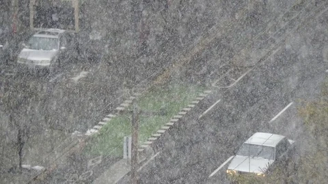 Snowfall road zoom out Stock Footage 72267998