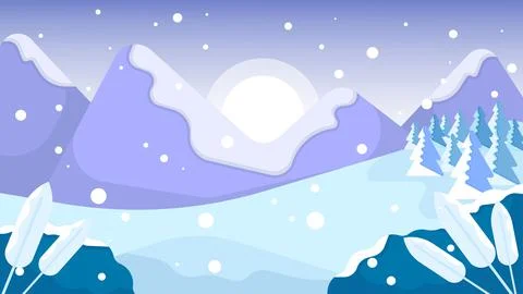 Snowfall scene with mountains, pine trees and setting sun. Illustration