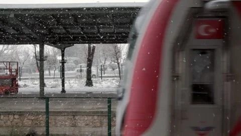 Snowfall in slow motion and train Stock Footage 148826937