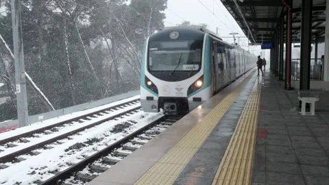 Snowfall in slow motion and train Stock Footage 149029330