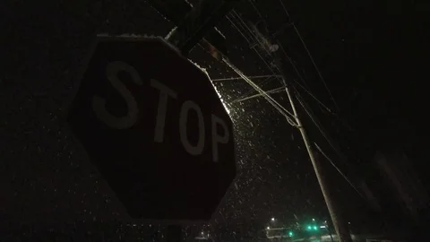 Snowfall - Street Light - Back Light - Stop Sign Stock Footage 124674931