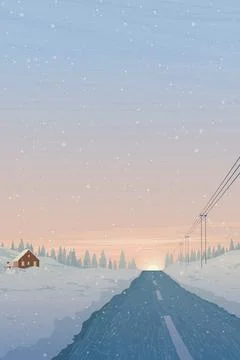 Snowfall in sunset at local road through the countryside landscape with cou.. Stock Illustration