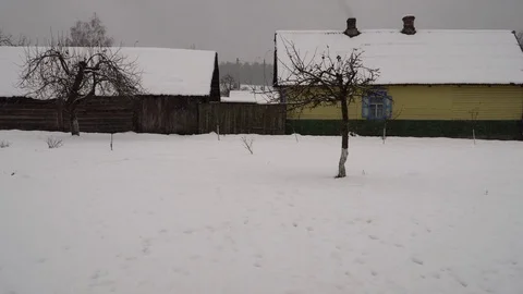 Snowfall in the village Stock Footage 83598870