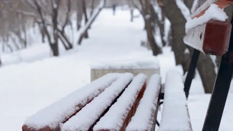 Snowfall in winter park, snow on empty bench with snowdrifts by walkway in alley Video stock 160121288