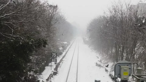 Snowfall in winter with a train rail background and a flying Crow. Stock Footage 145915630