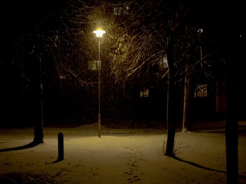 Snowfall in the yard at night Stock Footage 71759895