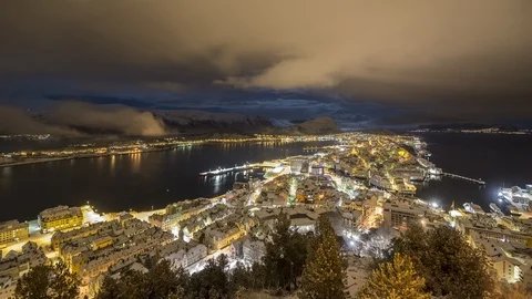 Snowfalls night in Alesund Stock Footage 87779351
