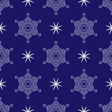Snowflake and stars seamless pattern on blue background. Geometrical design for Stock Illustration