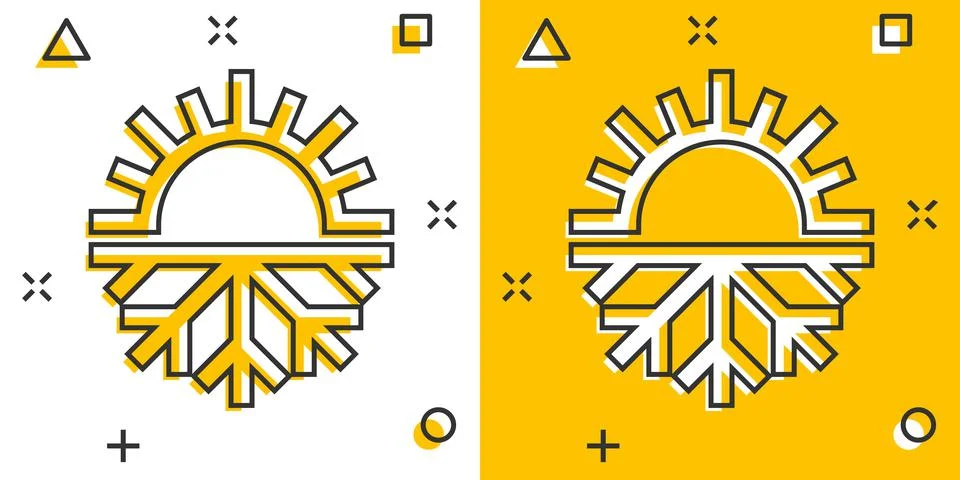 Snowflake and sun icon in comic style. Climate control cartoon vector illustr Stockillustratie