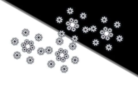 Snowflake clusters on split black and white background Stock Illustration