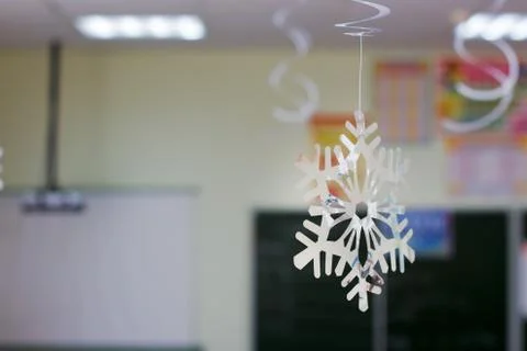 Snowflake decor in school classroom Stock Photos