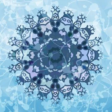 Snowflake like design over blue triangles background. Round Pattern Mandala. Illustrazione stock