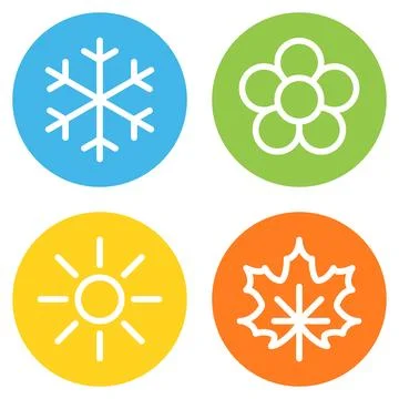 Snowflake, flower, sun and maple leaf line icons Stock Illustration