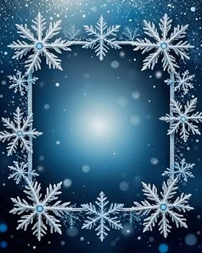 Snowflake frame, blue background bokeh sparkle snow falling, copy space Stock Illustration