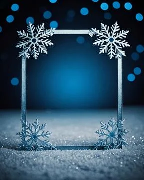 Snowflake frame, blue background bokeh sparkle snow falling, copy space Stock Illustration