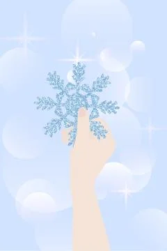 Snowflake in hand. Shiny blue snowflake. Snowflake in sparkles. Winter illust Stock Illustration