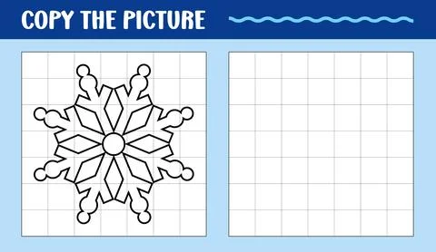 Snowflake learn to draw educational game. Copy the picture printable worksheet Stock Illustration