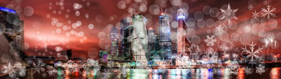 Snowflake New Year winter pattern on blurred defocused background of night Mo Stockfoto's
