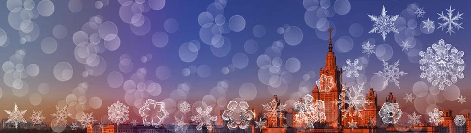 Snowflake New Year winter pattern on blurred defocused background of sunset p Stockfoto's
