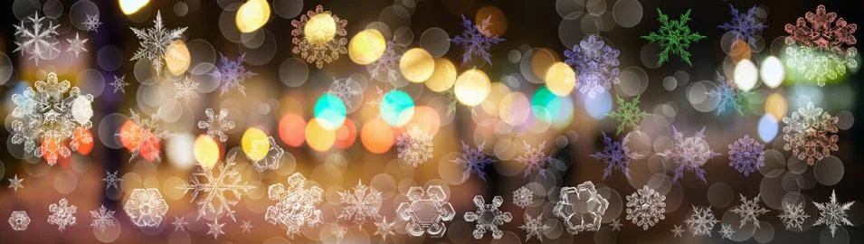 Snowflake New Year winter pattern on blurred defocused abstract street light  Stock Photos